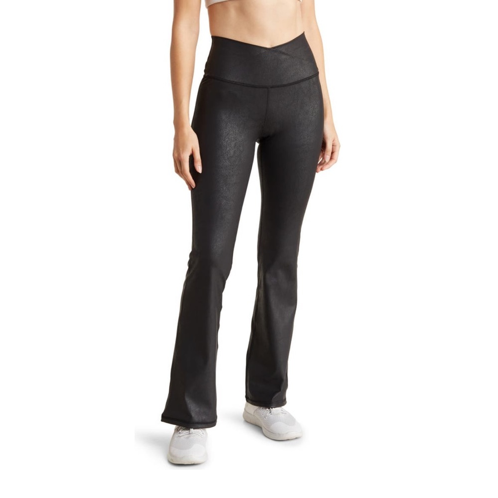 90 DEGREE BY REFLEX Lux Cracked Faux Leather Flare Leggings - Cracked Black NWT